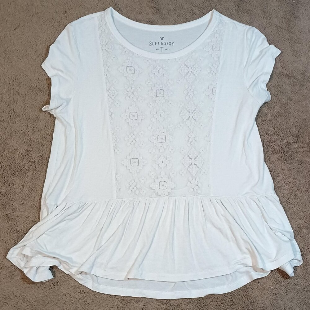 American Eagle/Soft & Sexy Tee/Womens Small/White/Ruffle Detail Top**